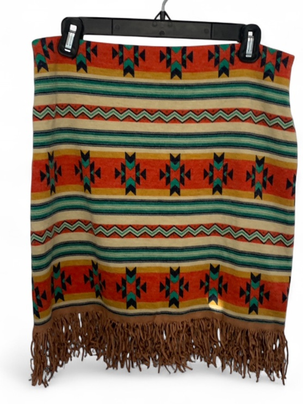 Cowgirl Justice Fringed Aztec Stripe Mini Skirt in Orange and Teal
